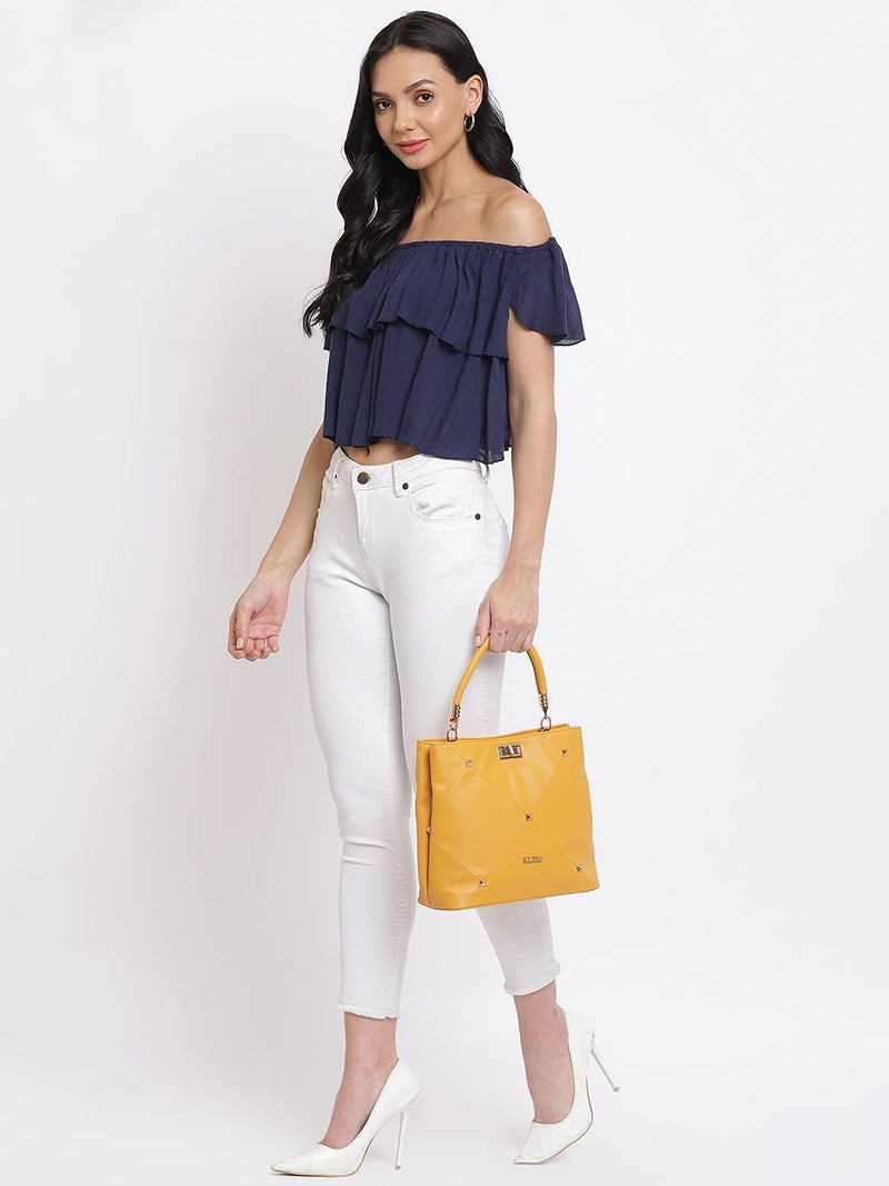 KLEIO Gold Studded Top Handle Handbag for Women - Mustard - Image 3